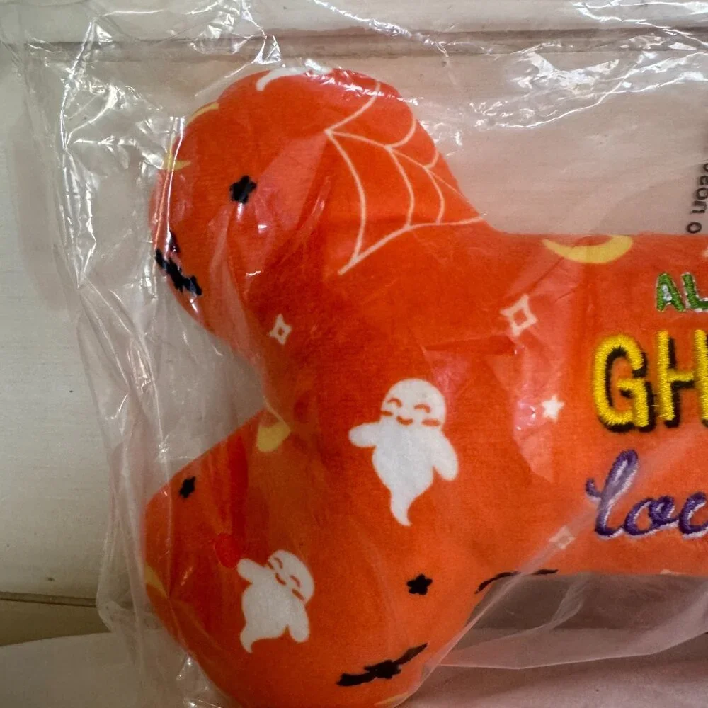NWT, Frisco Halloween All the Ghouls Love Me Bone, Plush Squeaky Dog Toy, Orange